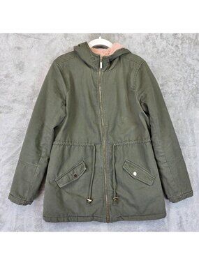 Guess Coat Womens Small Green Cotton Hooded Parka Faux Fur Lined Mid Length